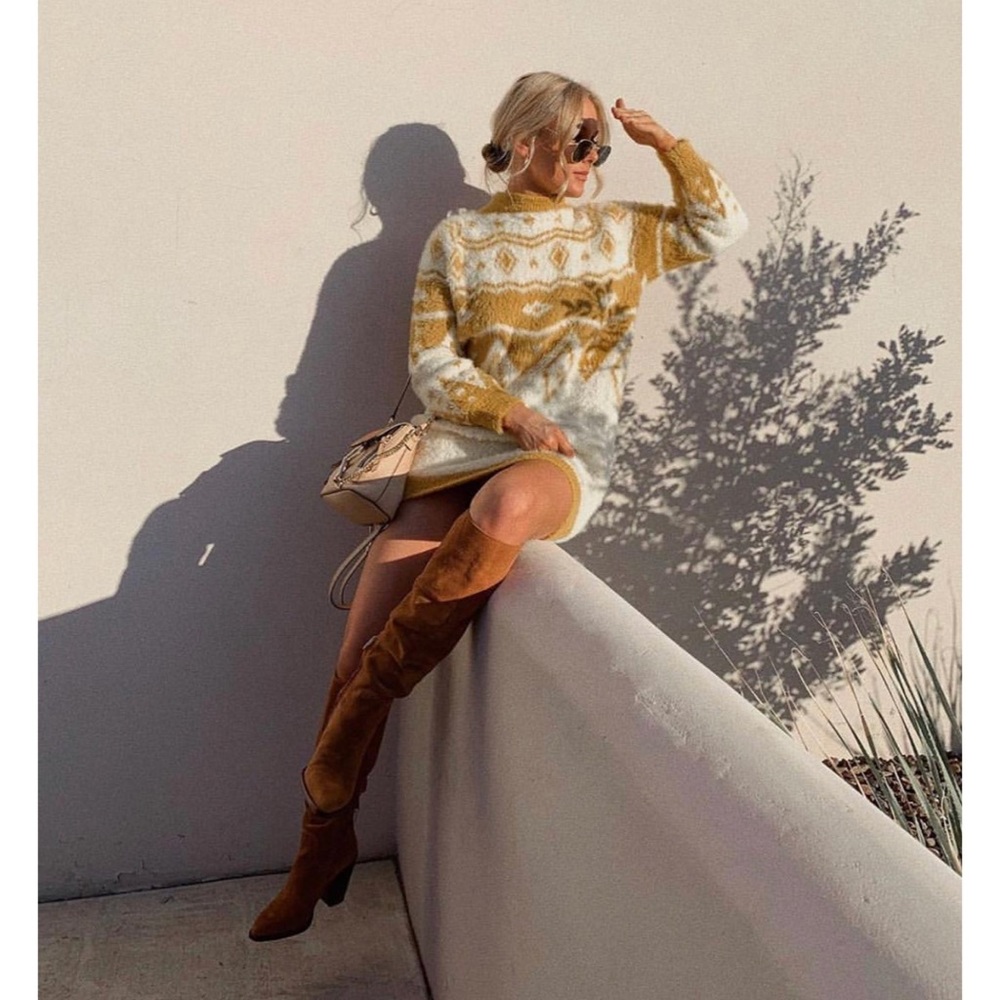 Manitou Mustard Yellow Print Fuzzy Sweater Dress